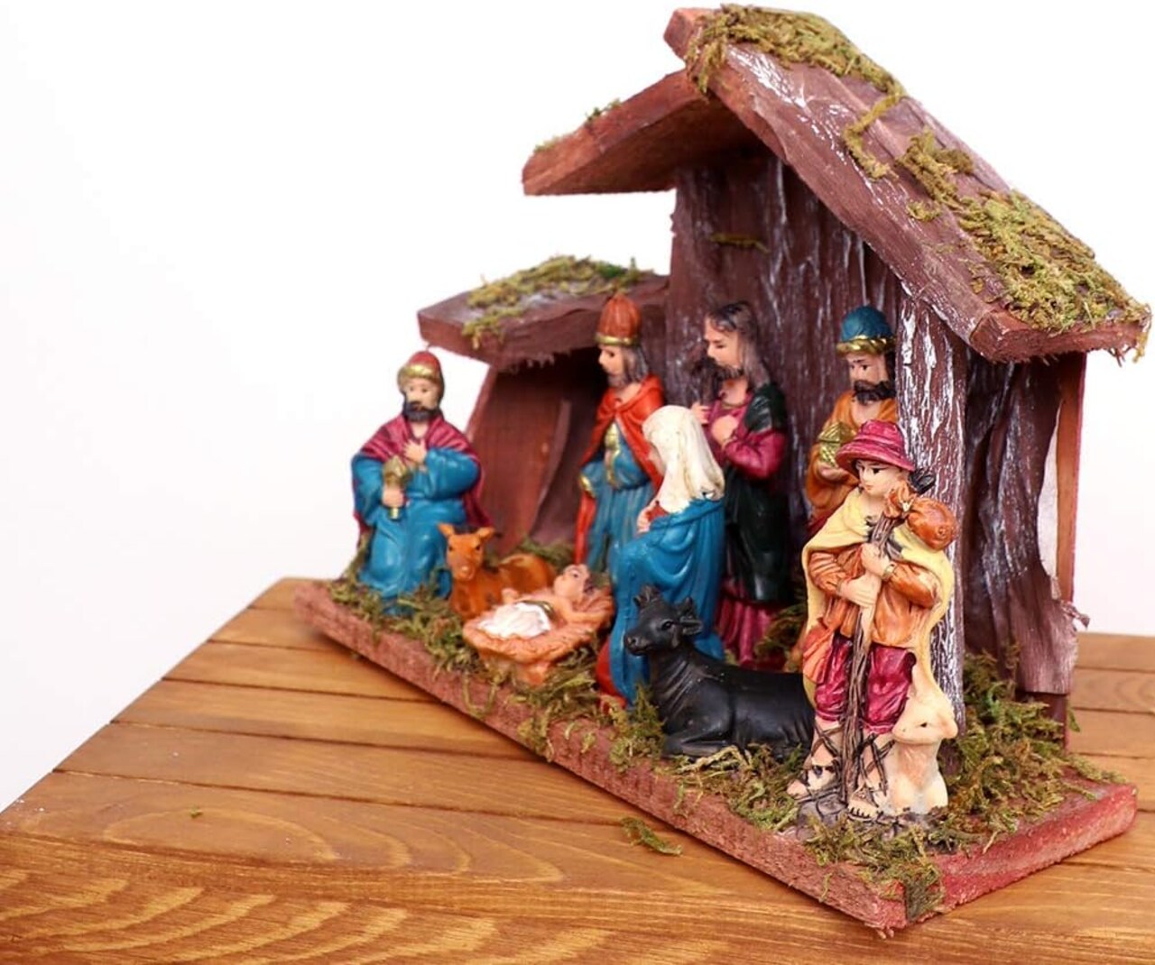 Christmas Nativity Figurine - Nativity Scene Statue with Wooden and Moss Stable